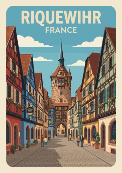 Poster of Riquewihr France featuring colourful timber-framed houses and a historic clock tower