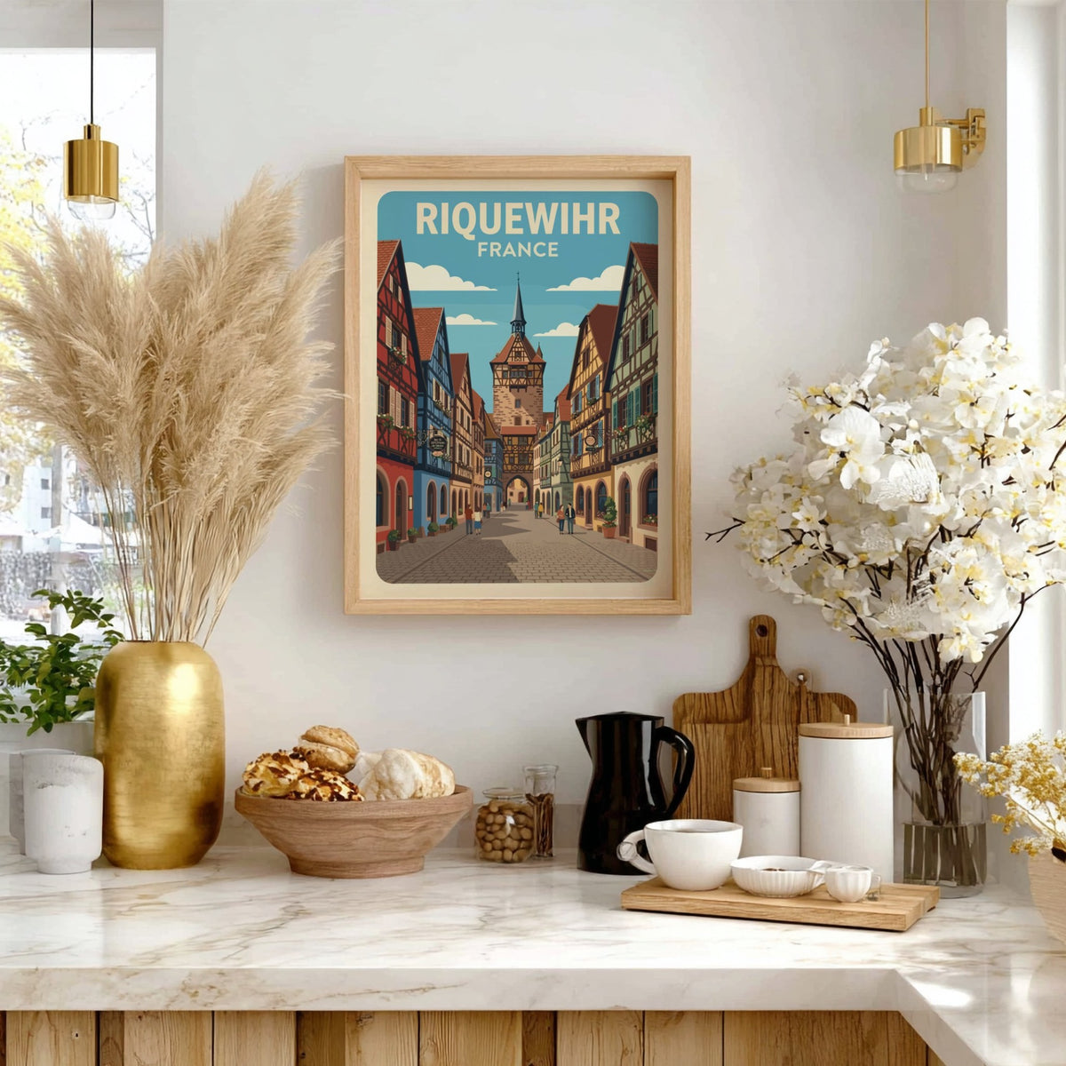 Poster of Riquewihr France featuring colourful timber-framed houses and a historic clock tower