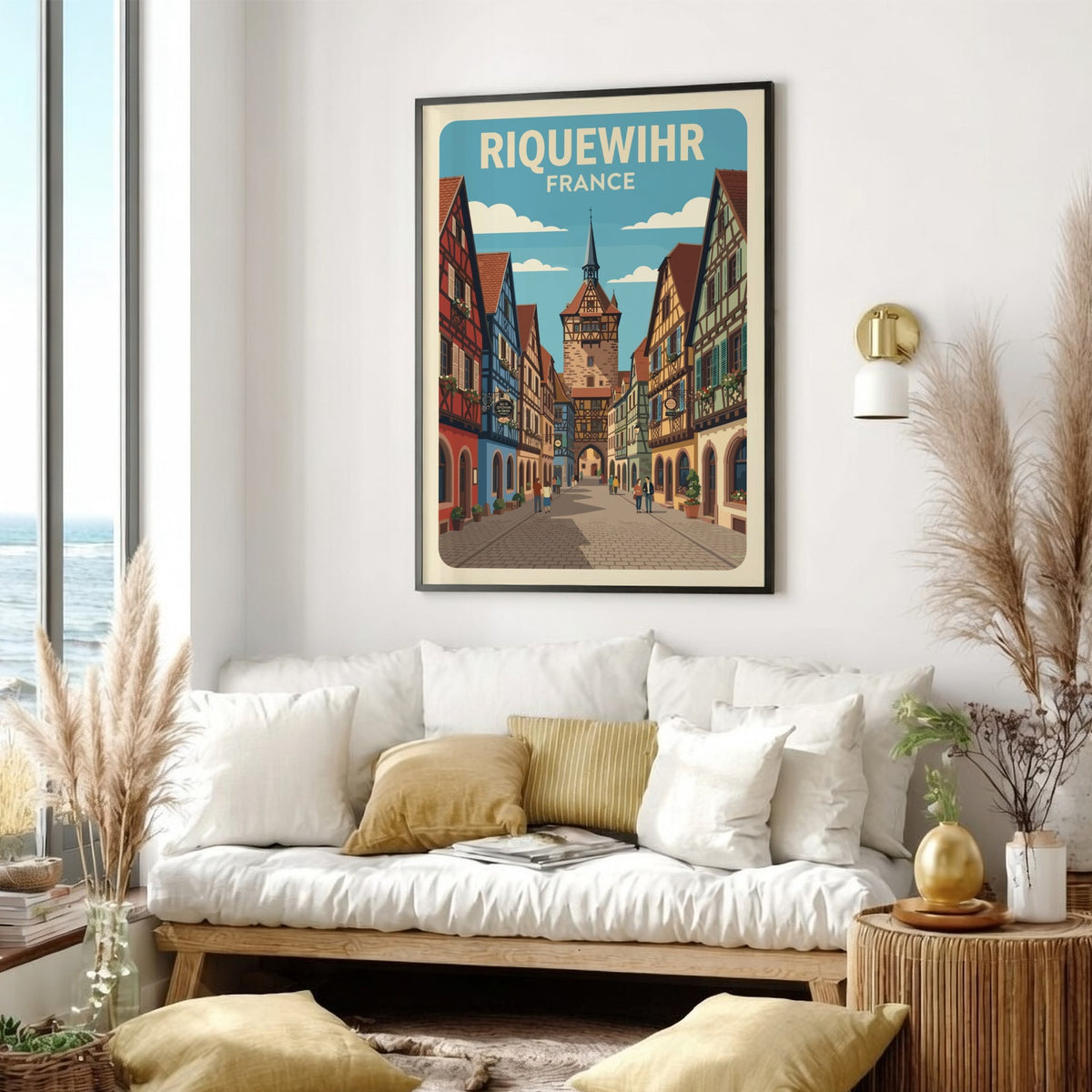 Poster of Riquewihr France featuring colourful timber-framed houses and a historic clock tower