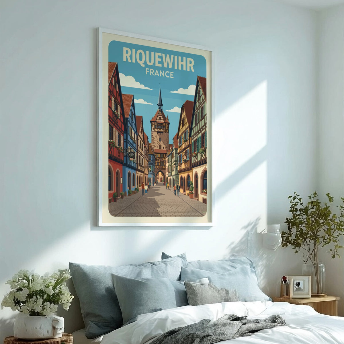 Poster of Riquewihr France featuring colourful timber-framed houses and a historic clock tower