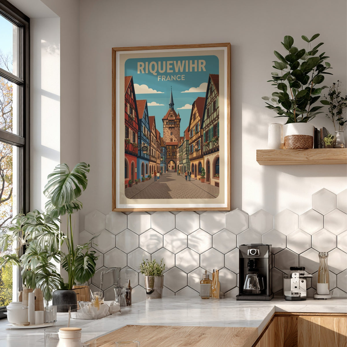 Poster of Riquewihr France featuring colourful timber-framed houses and a historic clock tower