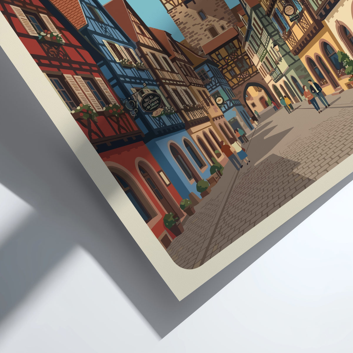 Poster of Riquewihr France featuring colourful timber-framed houses and a historic clock tower