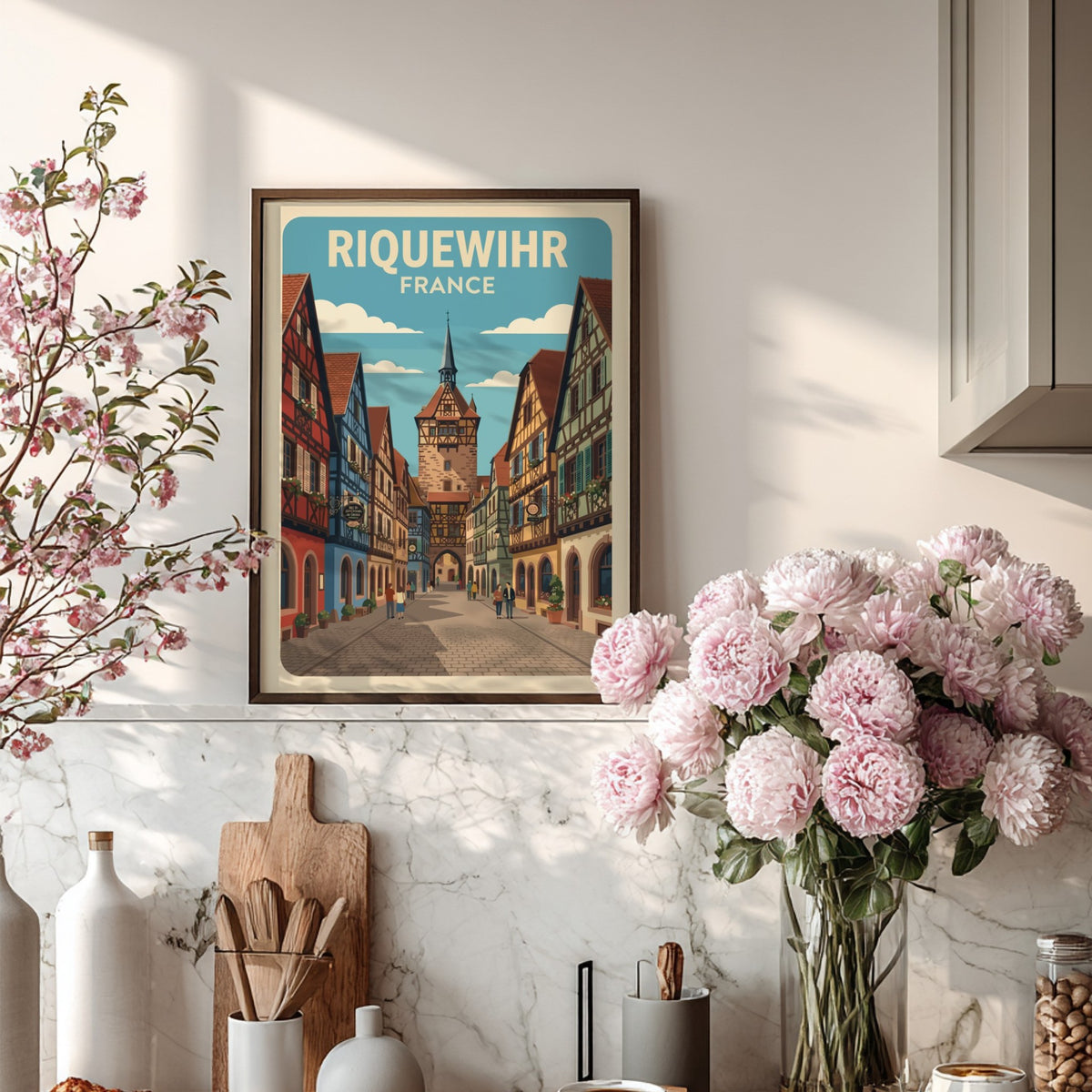 Poster of Riquewihr France featuring colourful timber-framed houses and a historic clock tower