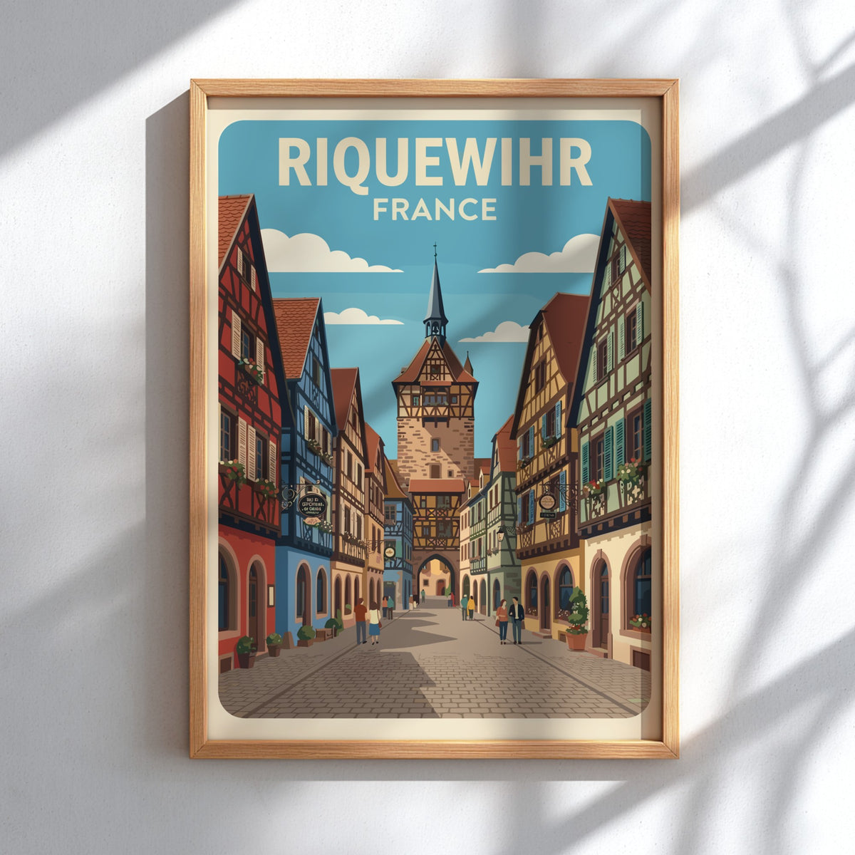 Poster of Riquewihr France featuring colourful timber-framed houses and a historic clock tower