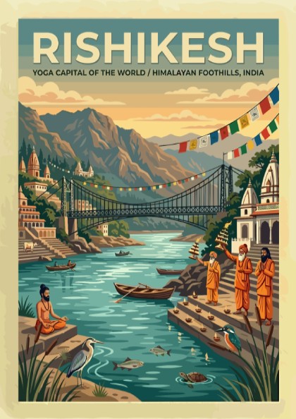 Vintage Rishikesh travel poster featuring the suspension bridge over the Ganges with monks