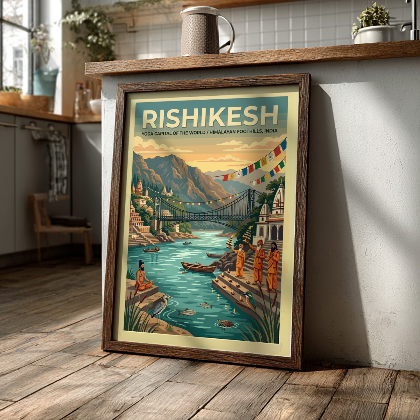 Vintage Rishikesh travel poster featuring the suspension bridge over the Ganges with monks