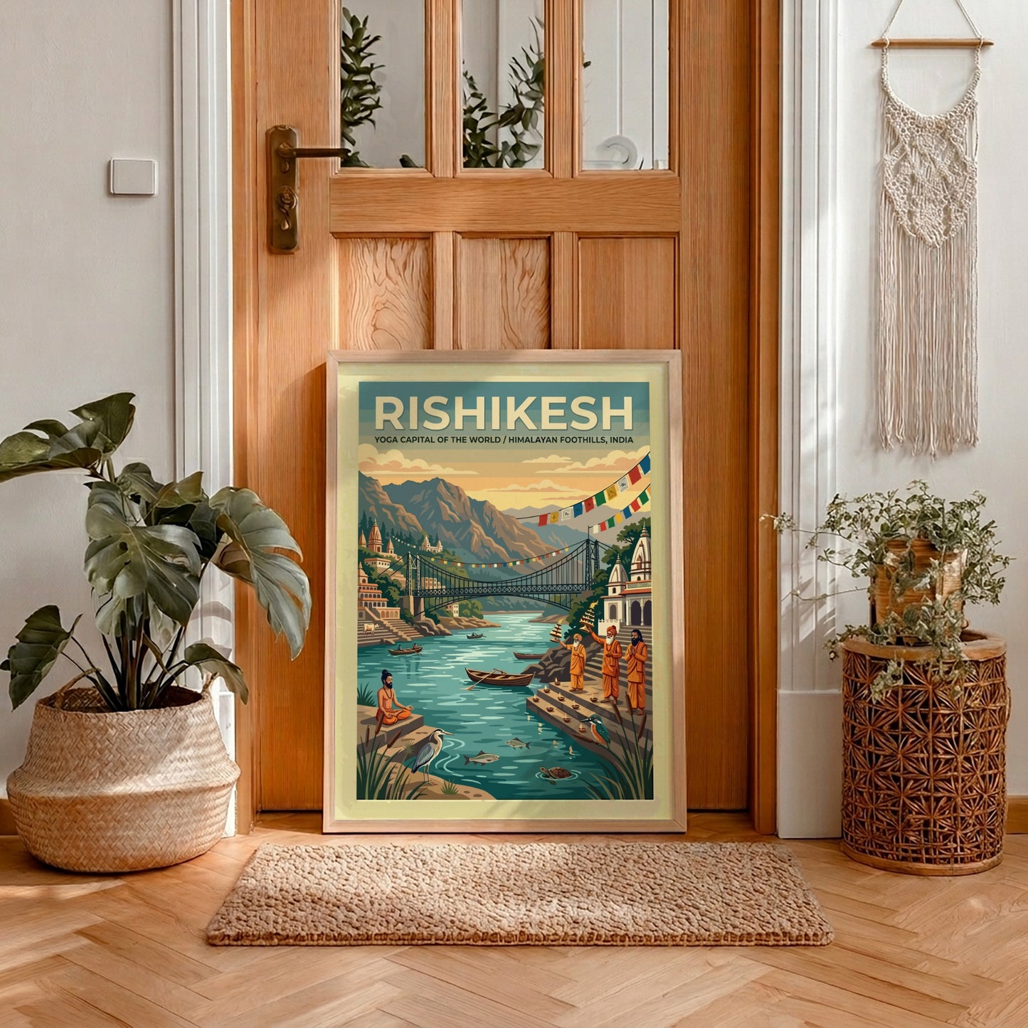 Vintage Rishikesh travel poster featuring the suspension bridge over the Ganges with monks