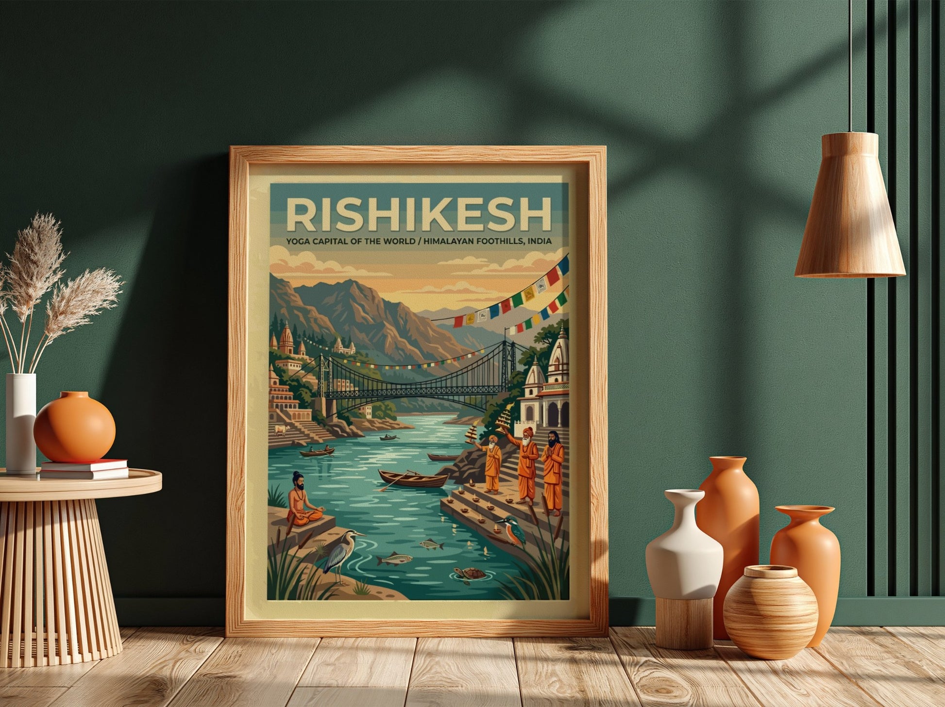 Vintage Rishikesh travel poster featuring the suspension bridge over the Ganges with monks