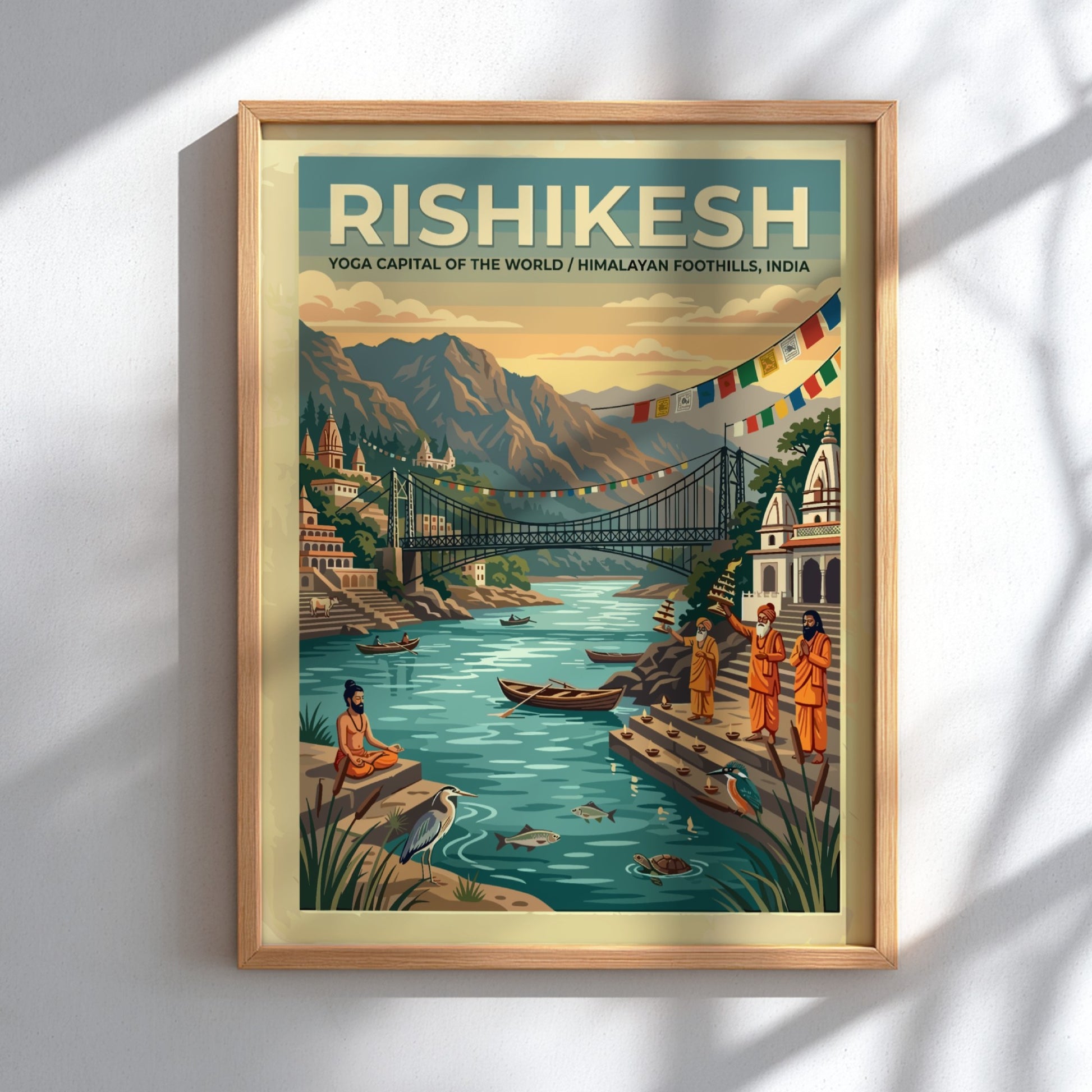 Vintage Rishikesh travel poster featuring the suspension bridge over the Ganges with monks