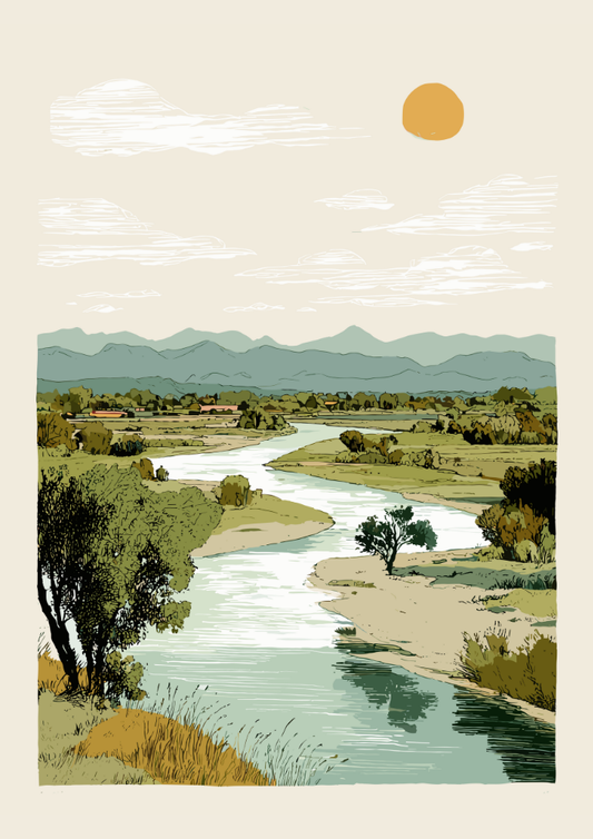 Landscape with a river, trees, and mountains under a sun.