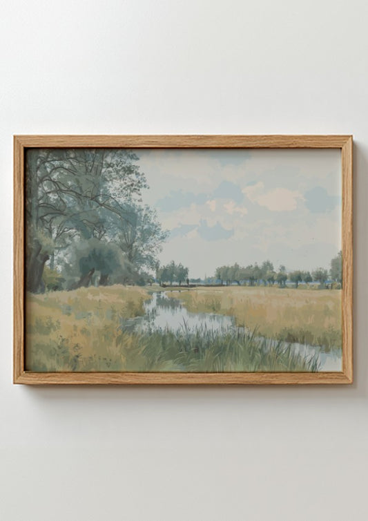 Framed "River Landscape near St. Ives, Huntingdonshire" painting by William Fraser Garden, featuring a calm