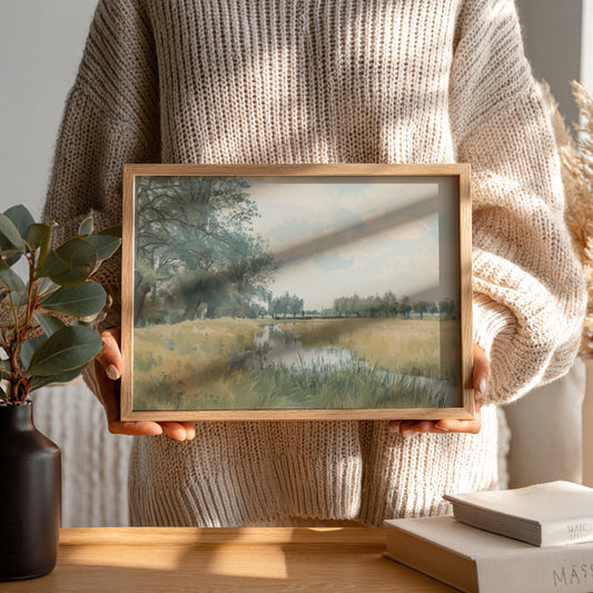 Framed "River Landscape near St. Ives, Huntingdonshire" painting by William Fraser Garden, featuring a calm