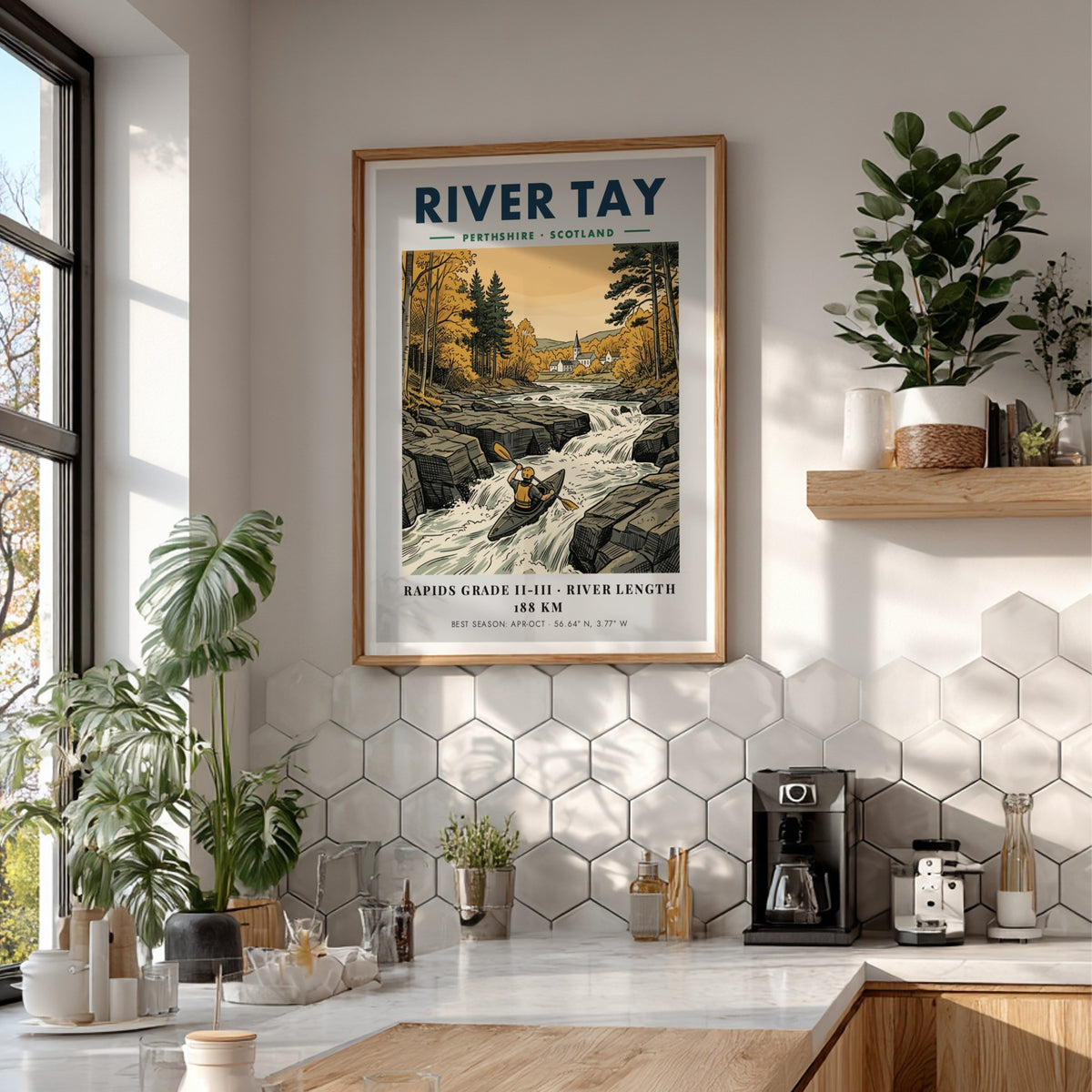 Poster of a kayaker on the River Tay in Perthshire Scotland featuring autumn trees