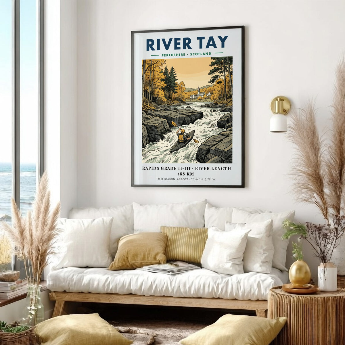 Poster of a kayaker on the River Tay in Perthshire Scotland featuring autumn trees