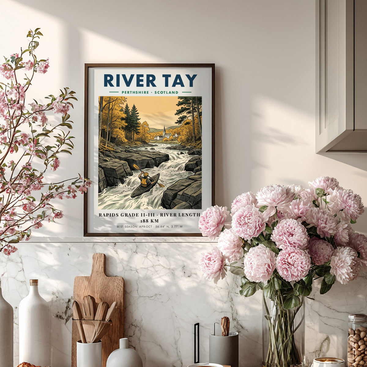 Poster of a kayaker on the River Tay in Perthshire Scotland featuring autumn trees