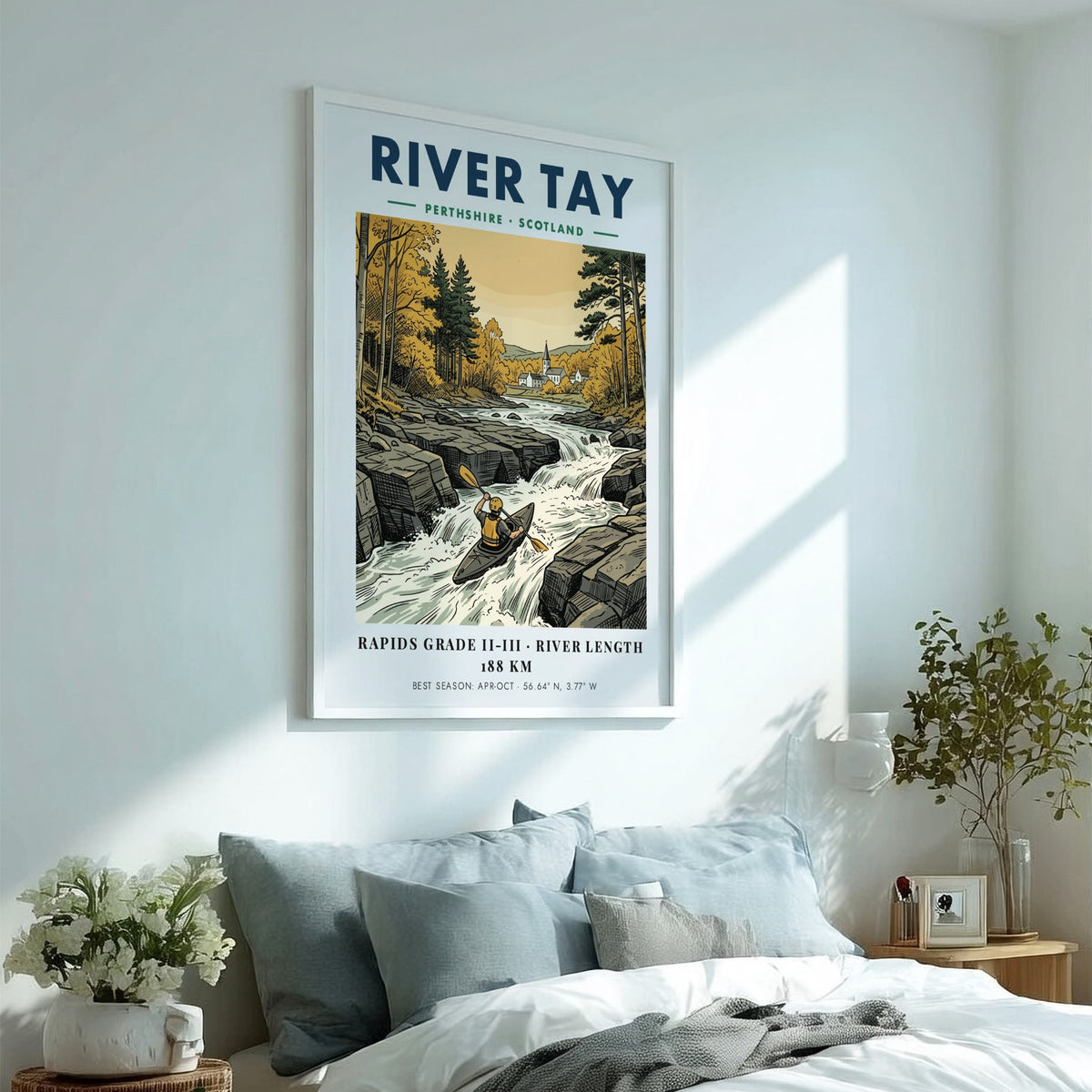 Poster of a kayaker on the River Tay in Perthshire Scotland featuring autumn trees
