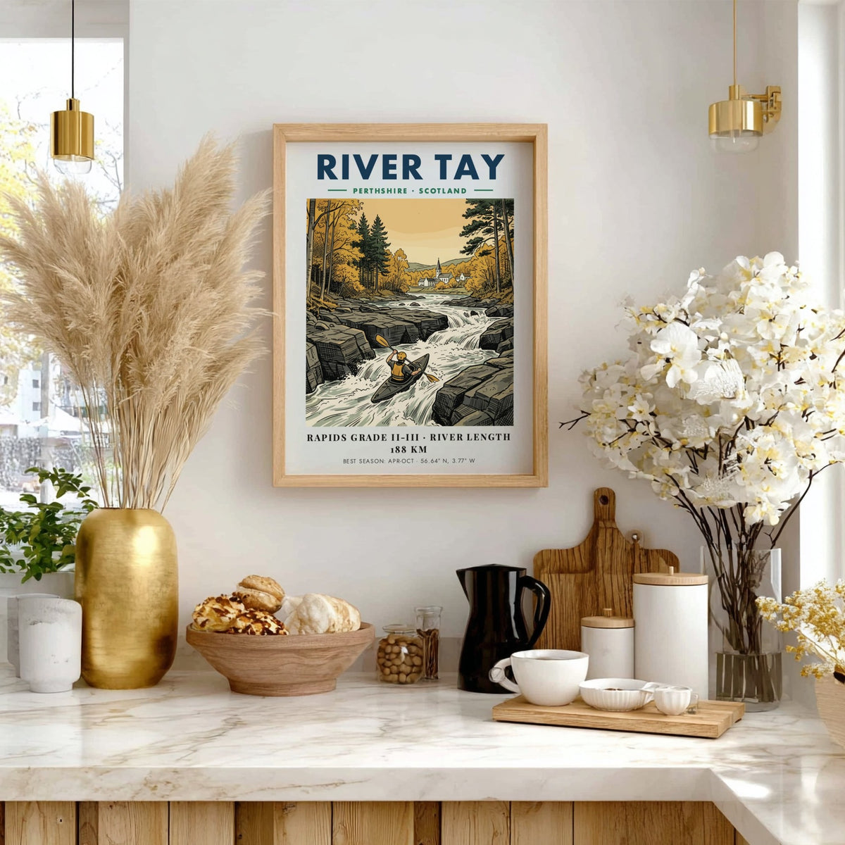 Poster of a kayaker on the River Tay in Perthshire Scotland featuring autumn trees