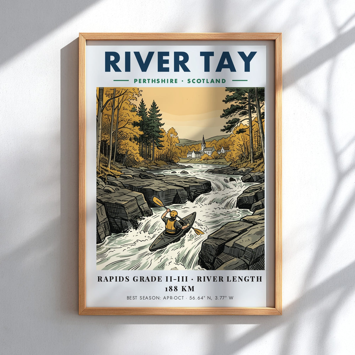 Poster of a kayaker on the River Tay in Perthshire Scotland featuring autumn trees