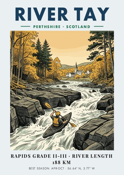 Poster of a kayaker on the River Tay in Perthshire Scotland featuring autumn trees