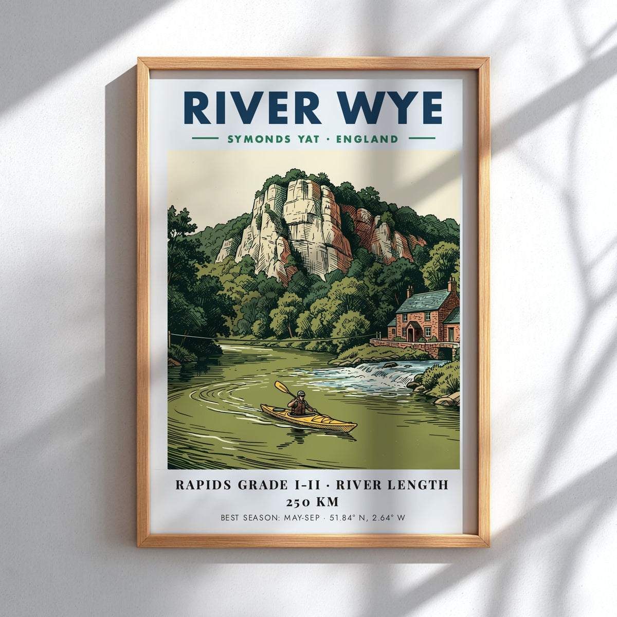 Poster featuring a kayaker on the River Wye with limestone cliffs and stone house.