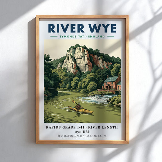 Poster featuring a kayaker on the River Wye with limestone cliffs and stone house.
