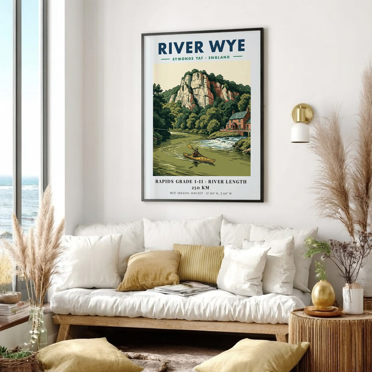 Poster featuring a kayaker on the River Wye with limestone cliffs and stone house.