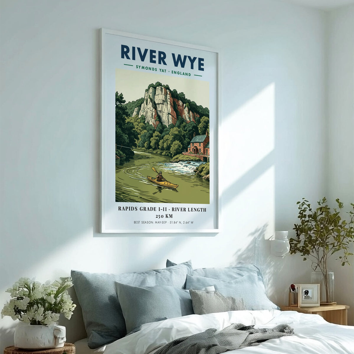Poster featuring a kayaker on the River Wye with limestone cliffs and stone house.
