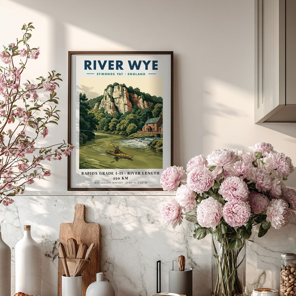 Poster featuring a kayaker on the River Wye with limestone cliffs and stone house.