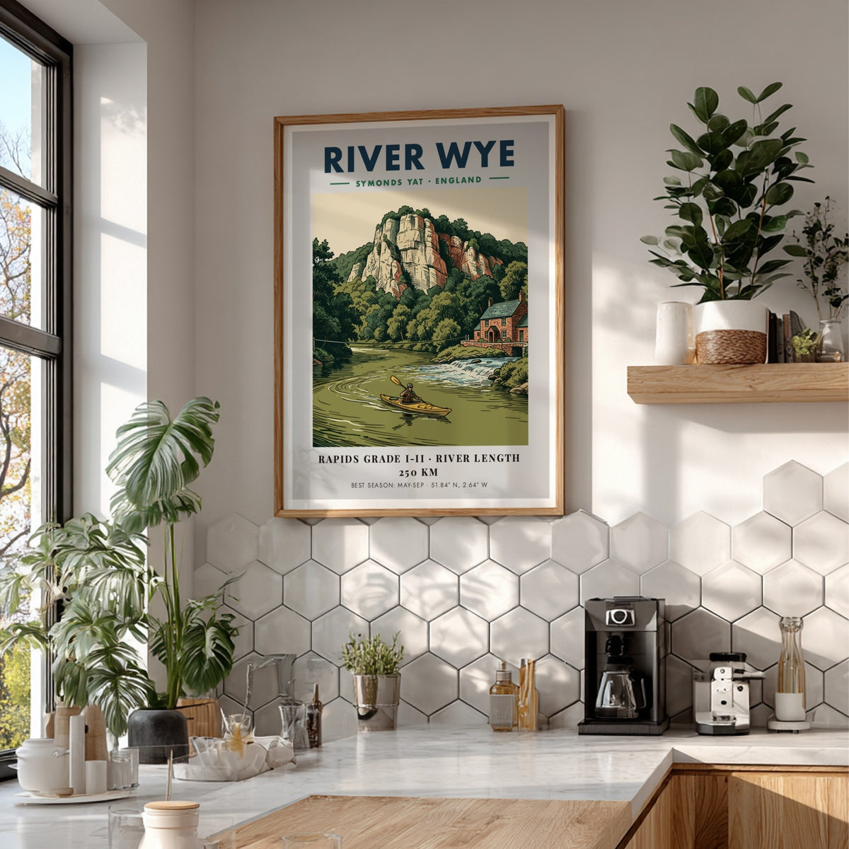 Poster featuring a kayaker on the River Wye with limestone cliffs and stone house.
