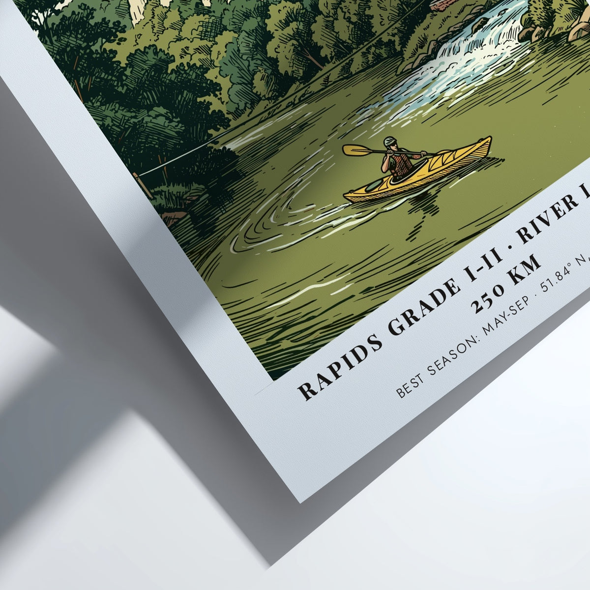 Poster featuring a kayaker on the River Wye with limestone cliffs and stone house.