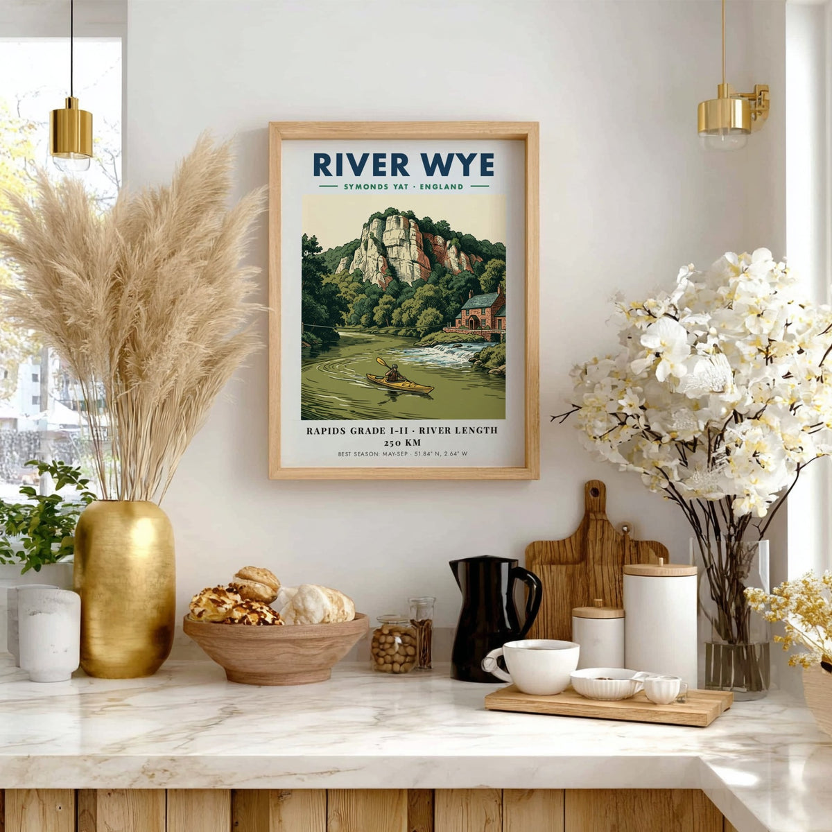 Poster featuring a kayaker on the River Wye with limestone cliffs and stone house.