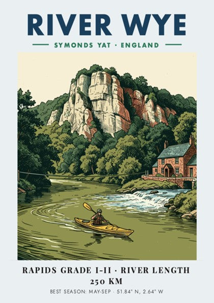 Poster featuring a kayaker on the River Wye with limestone cliffs and stone house.