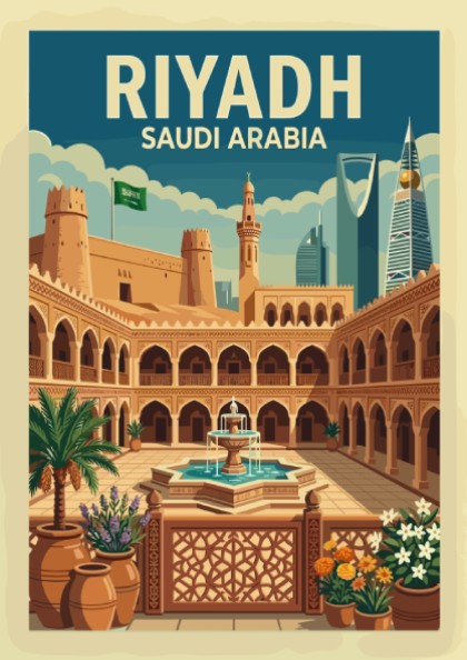 Riyadh, Saudi Arabia vintage travel poster featuring a historic courtyard and modern skyline, in warm earthy