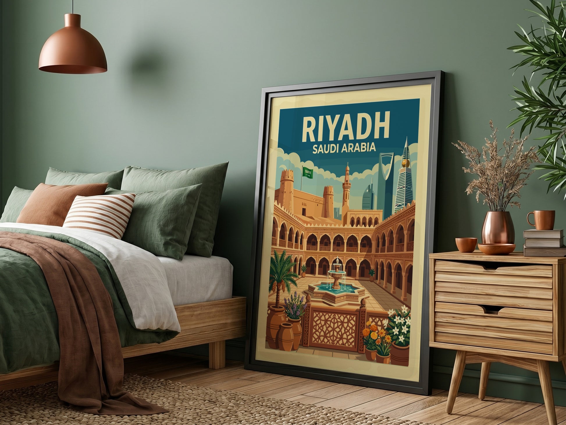 Riyadh, Saudi Arabia vintage travel poster featuring a historic courtyard and modern skyline, in warm earthy