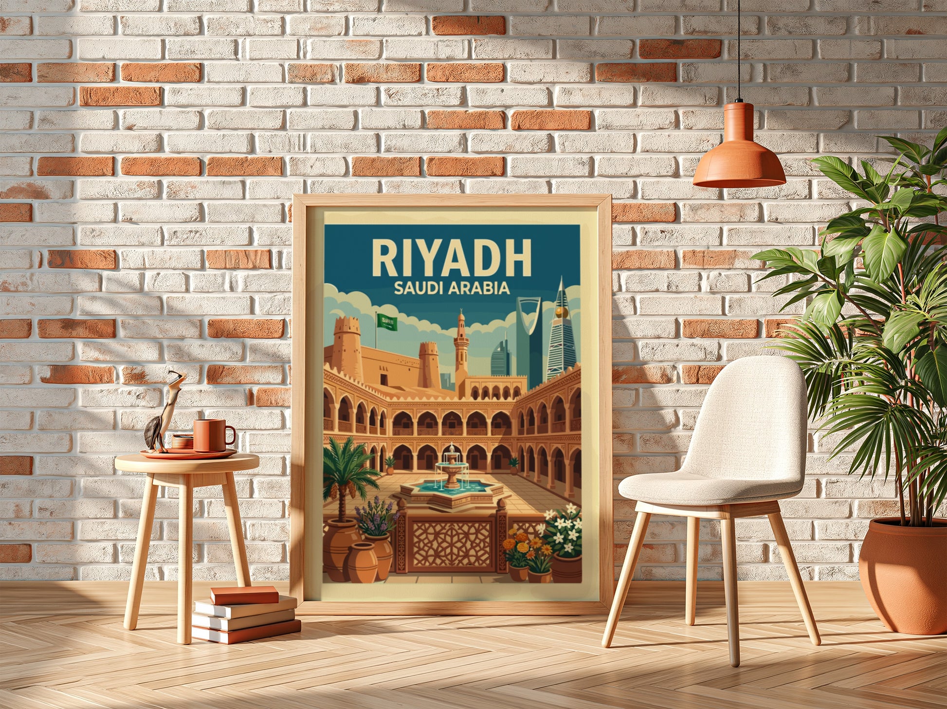 Riyadh, Saudi Arabia vintage travel poster featuring a historic courtyard and modern skyline, in warm earthy