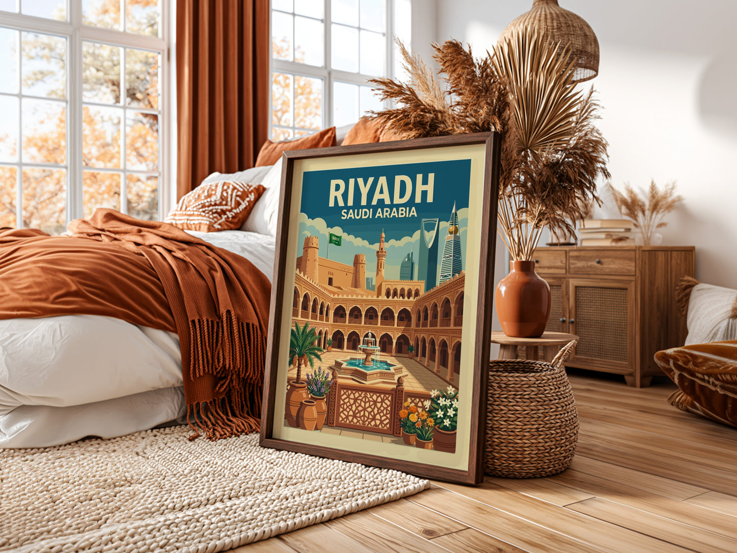 Riyadh, Saudi Arabia vintage travel poster featuring a historic courtyard and modern skyline, in warm earthy