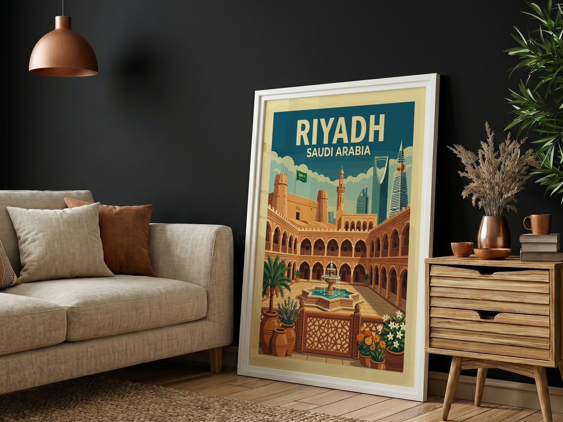Riyadh, Saudi Arabia vintage travel poster featuring a historic courtyard and modern skyline, in warm earthy