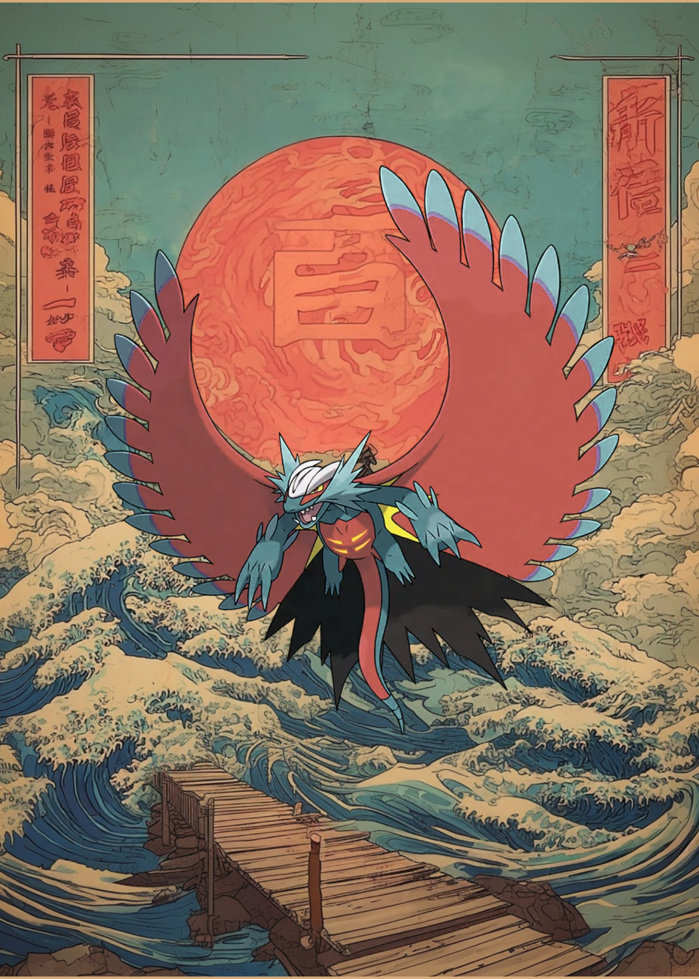 Roaring Moon Pokemon with large red sun and waves in the background