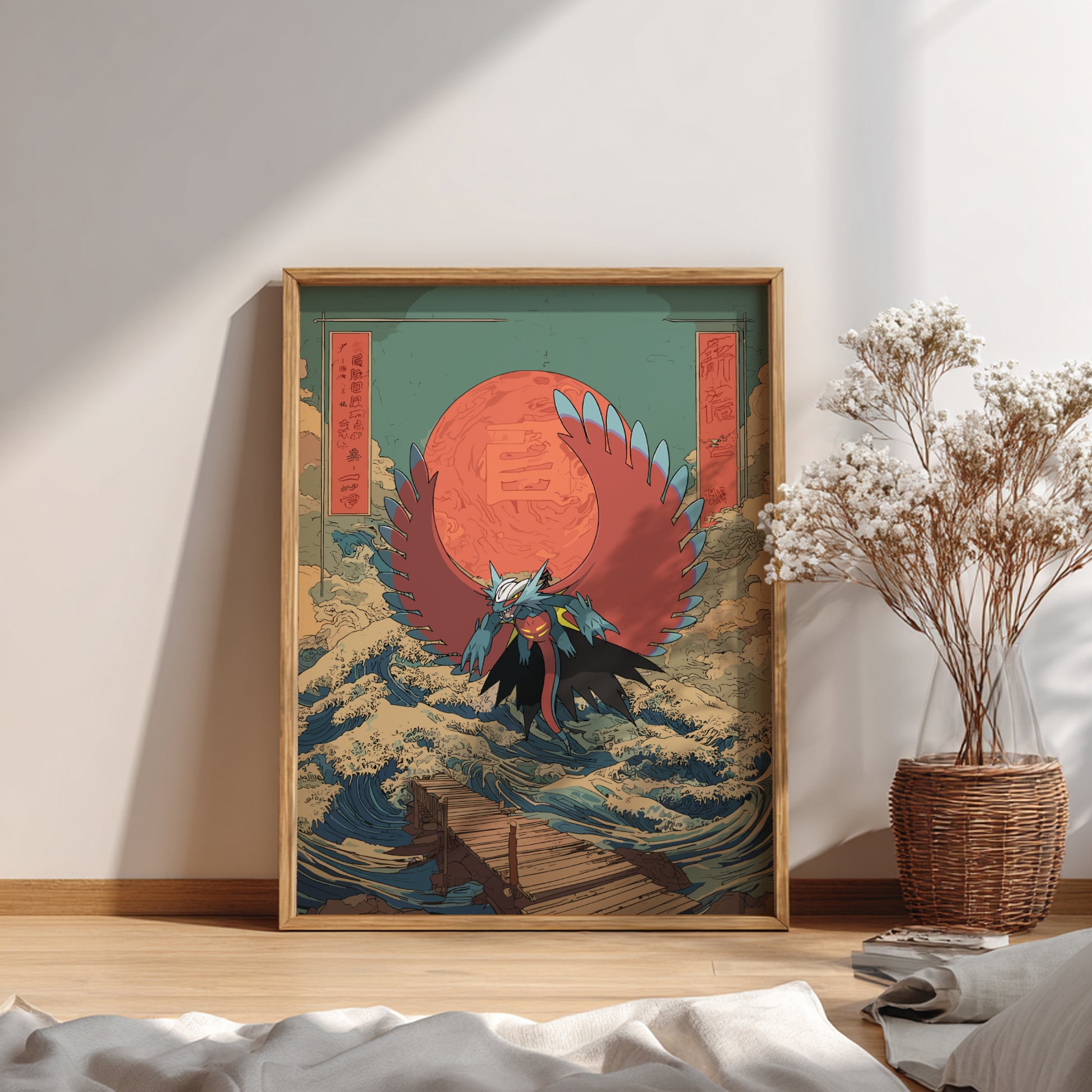Framed artwork of Roaring Moon Pokemon with a red sun on a wall in a room with a plant and books.