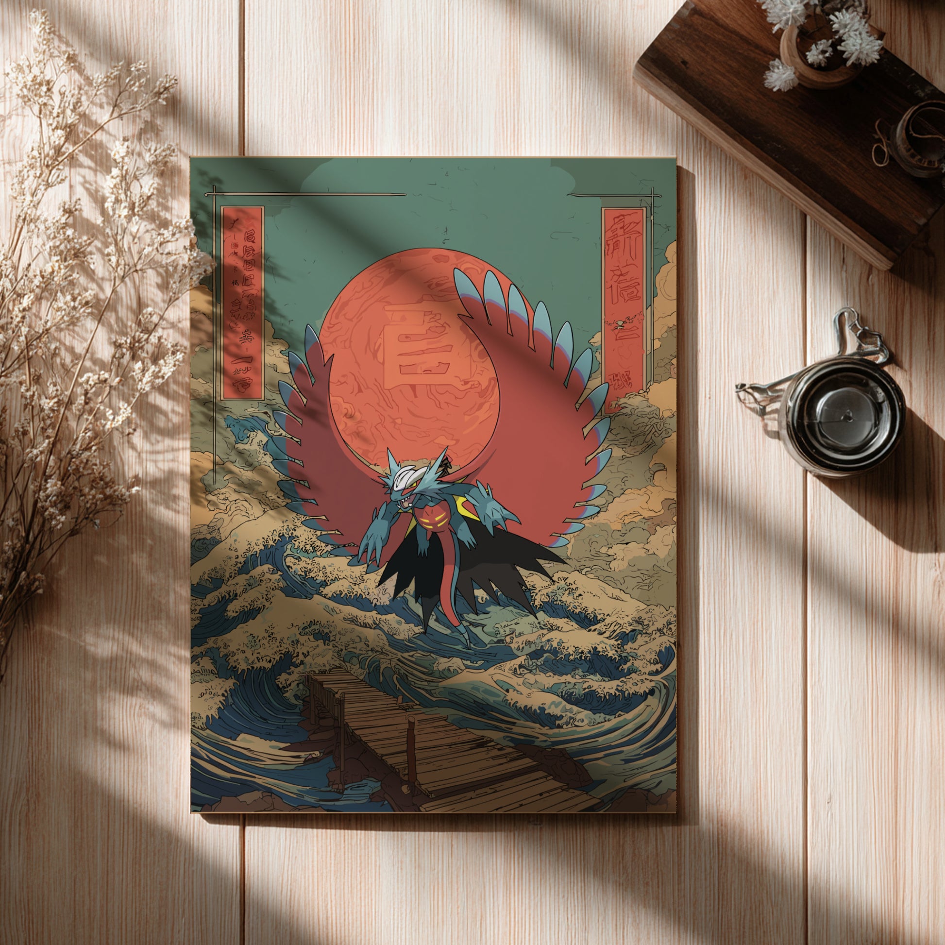 Poster with a Roaring Moon Pokemon design on a wooden surface with a cup and branches.