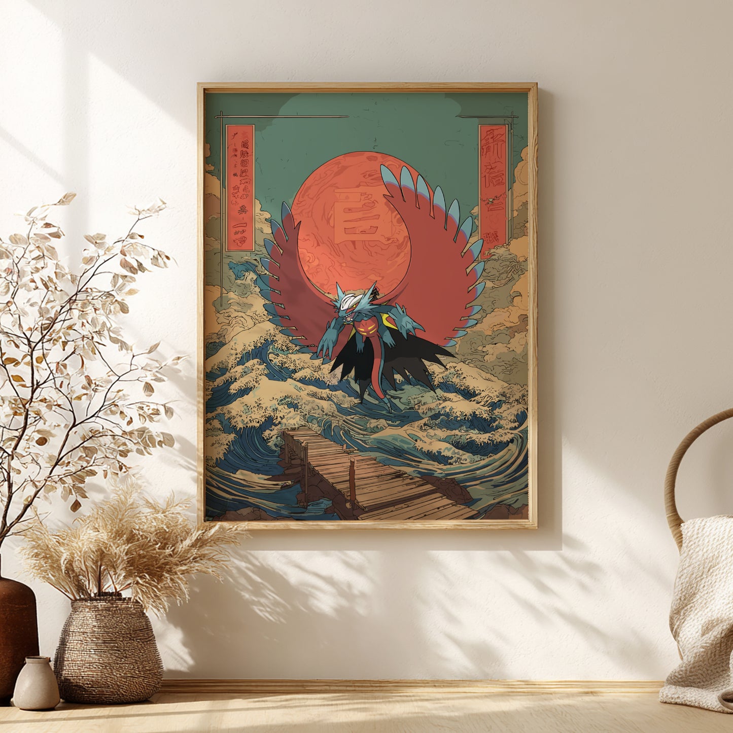 Framed artwork of Roaring Moon Pokemon with a large red moon on a wave, in a room with decorative elements.