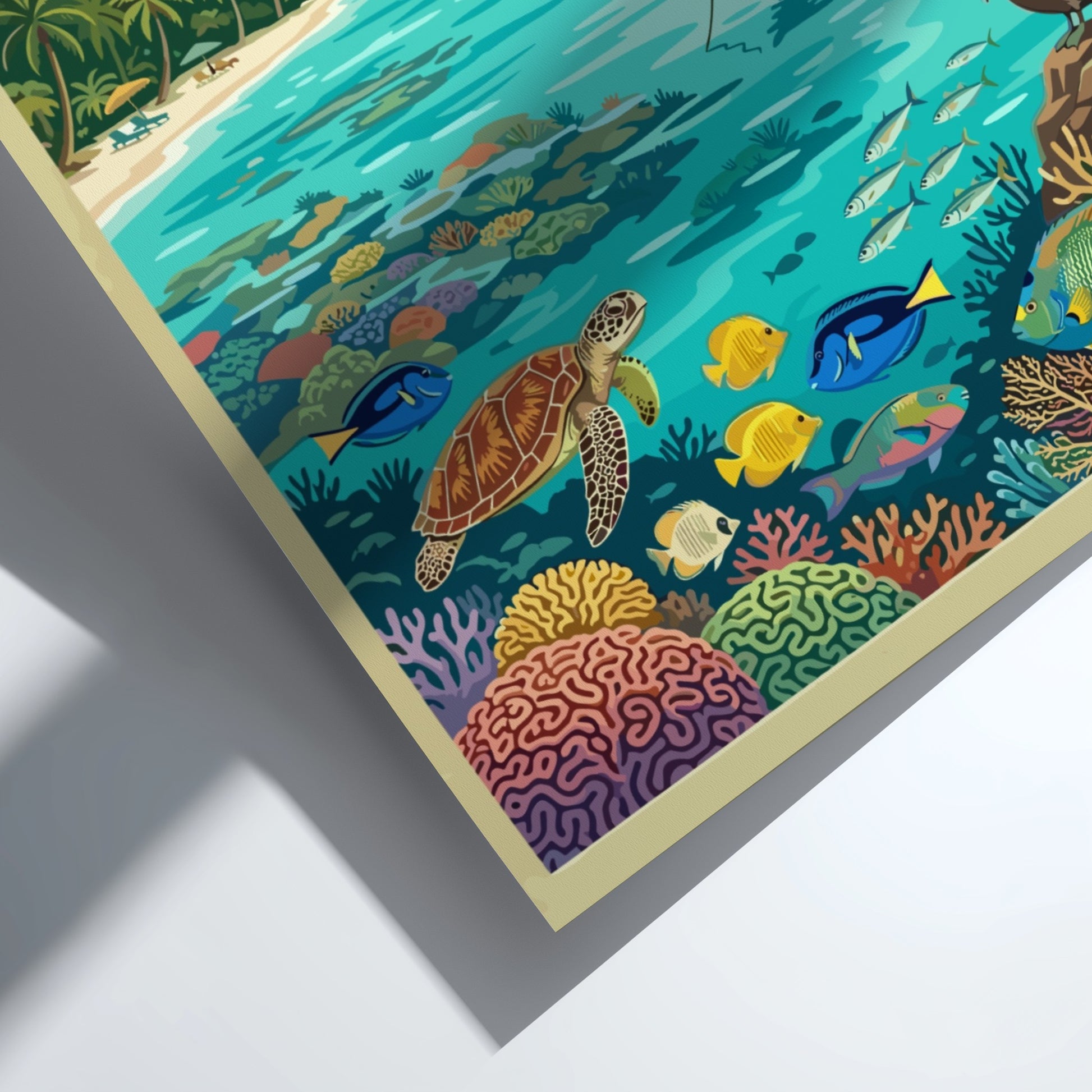 Travel poster of Roatan Honduras showing a tropical beach with sea turtles and coral.