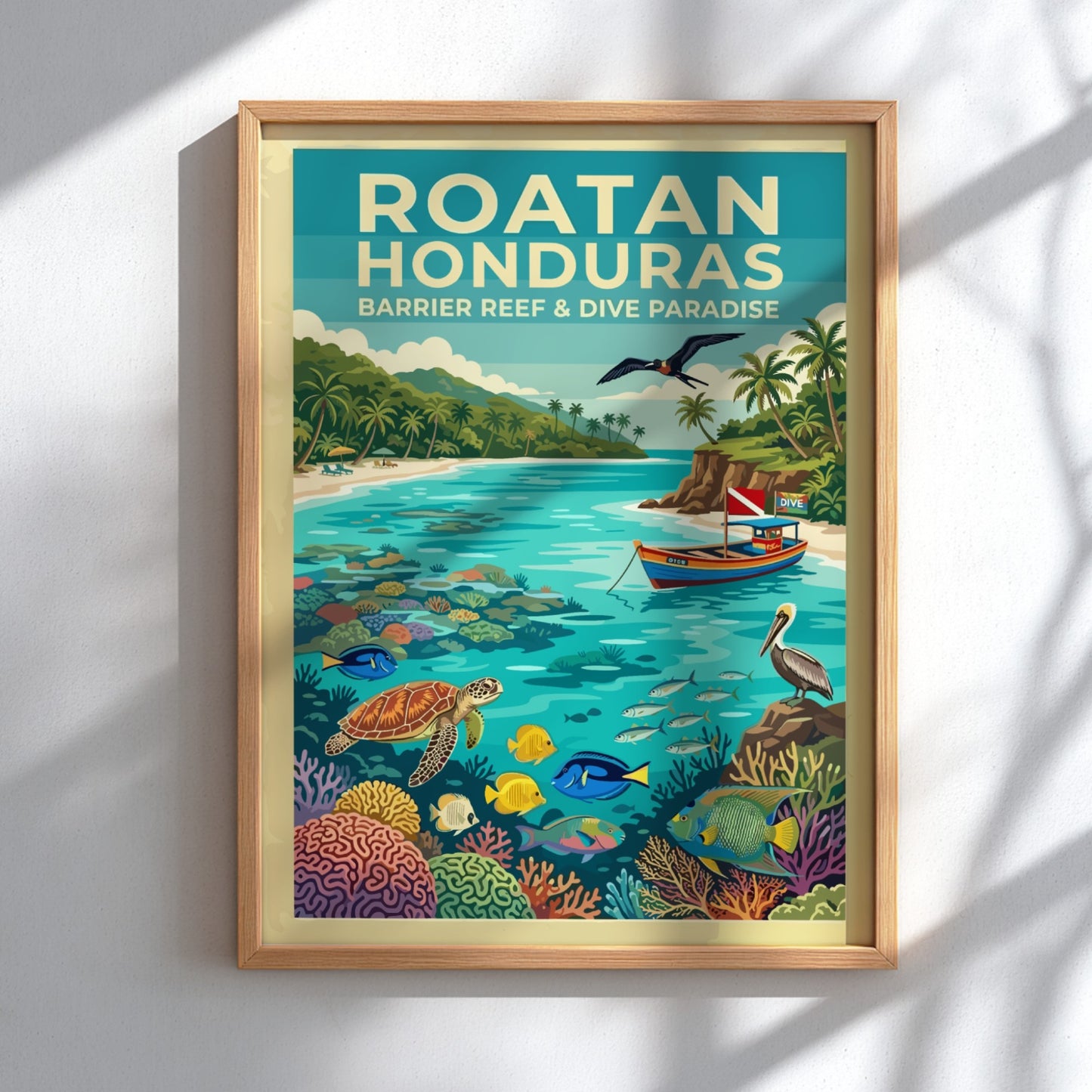 Travel poster of Roatan Honduras showing a tropical beach with sea turtles and coral.
