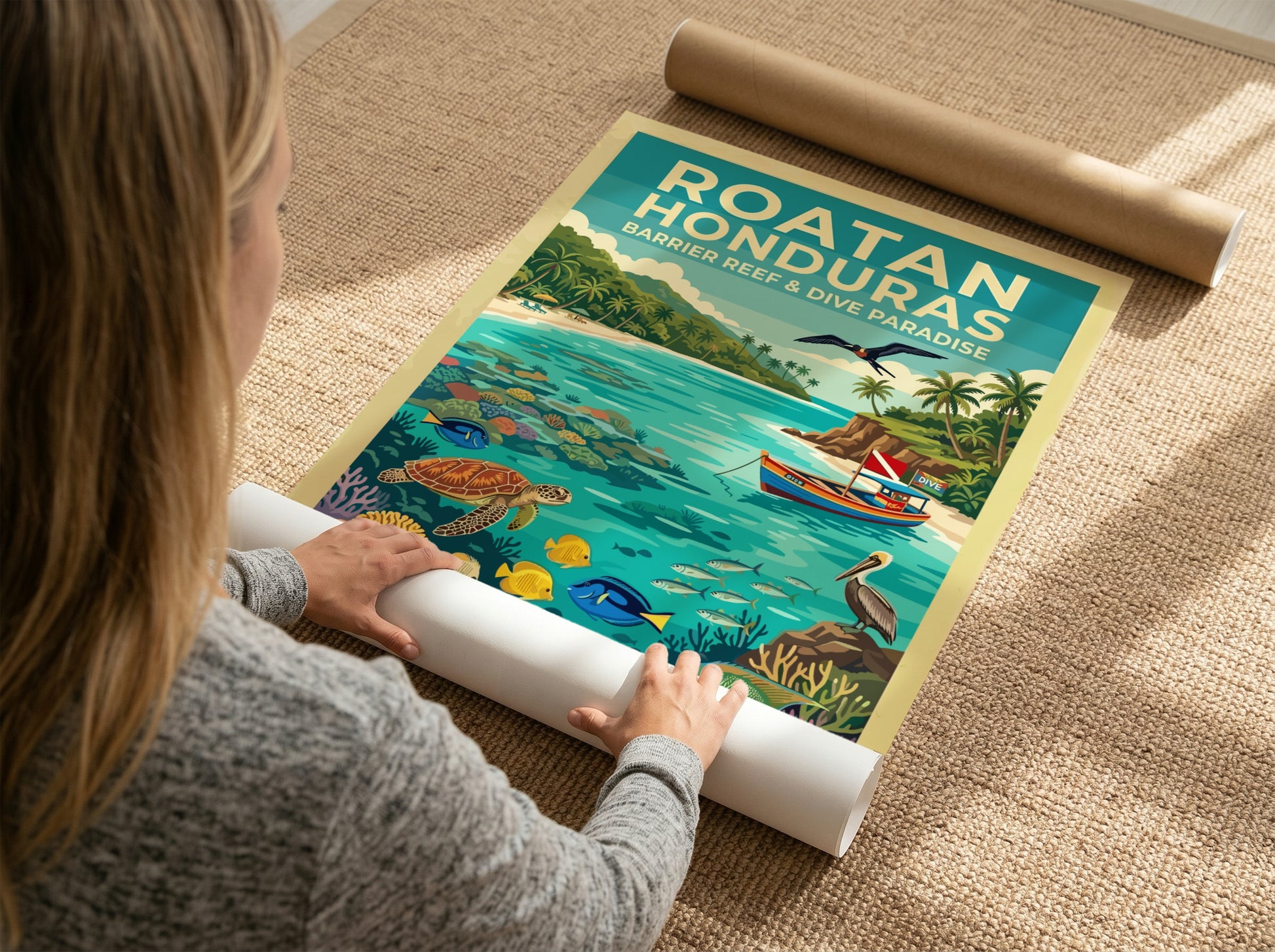 Travel poster of Roatan Honduras showing a tropical beach with sea turtles and coral.