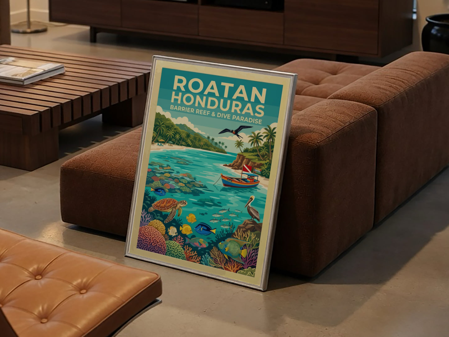 Travel poster of Roatan Honduras showing a tropical beach with sea turtles and coral.
