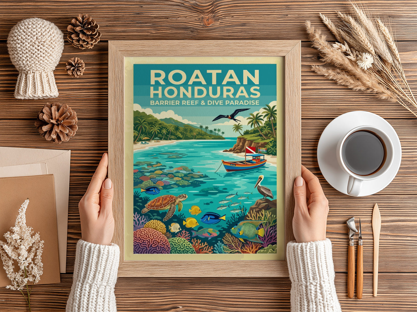 Travel poster of Roatan Honduras showing a tropical beach with sea turtles and coral.