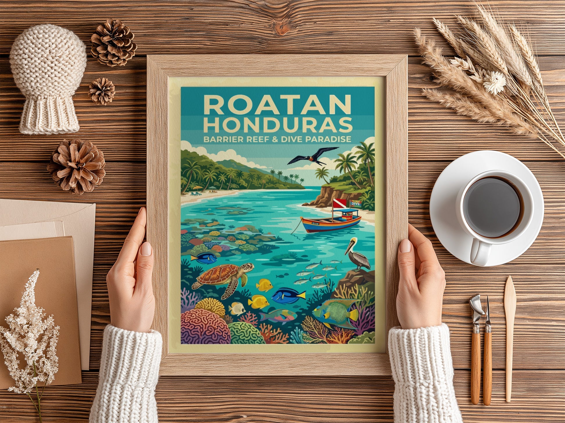 Travel poster of Roatan Honduras showing a tropical beach with sea turtles and coral.