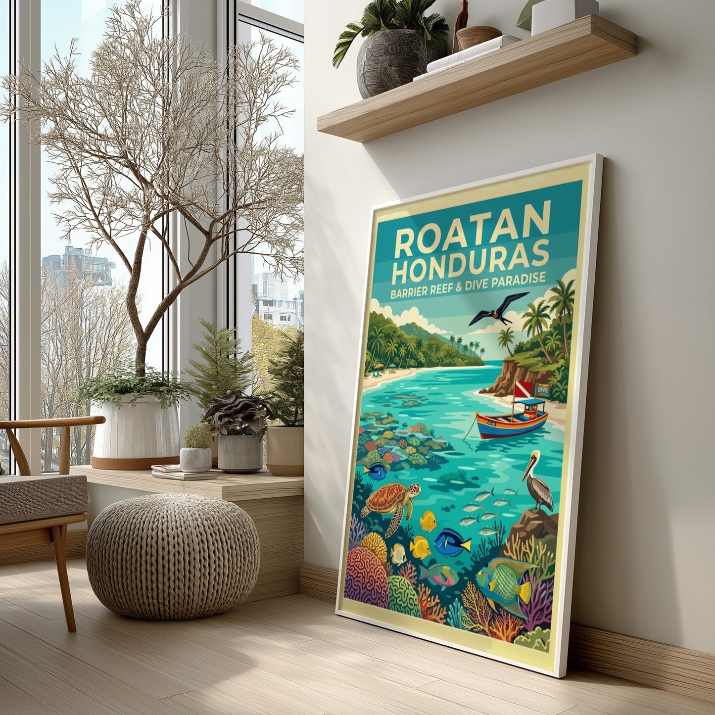 Travel poster of Roatan Honduras showing a tropical beach with sea turtles and coral.