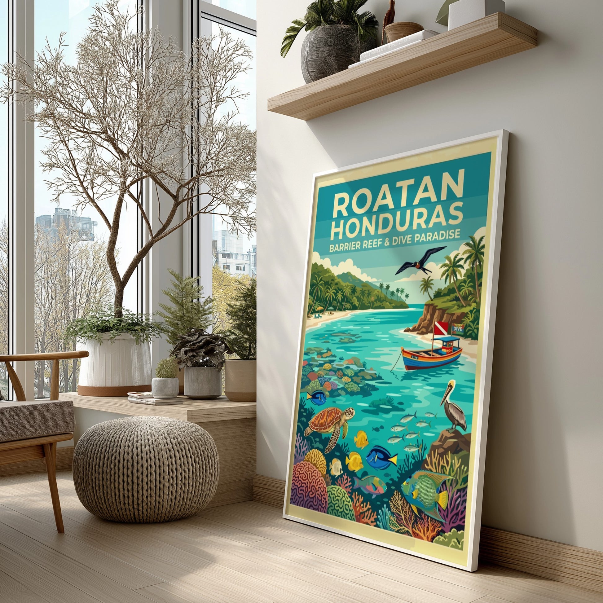 Travel poster of Roatan Honduras showing a tropical beach with sea turtles and coral.