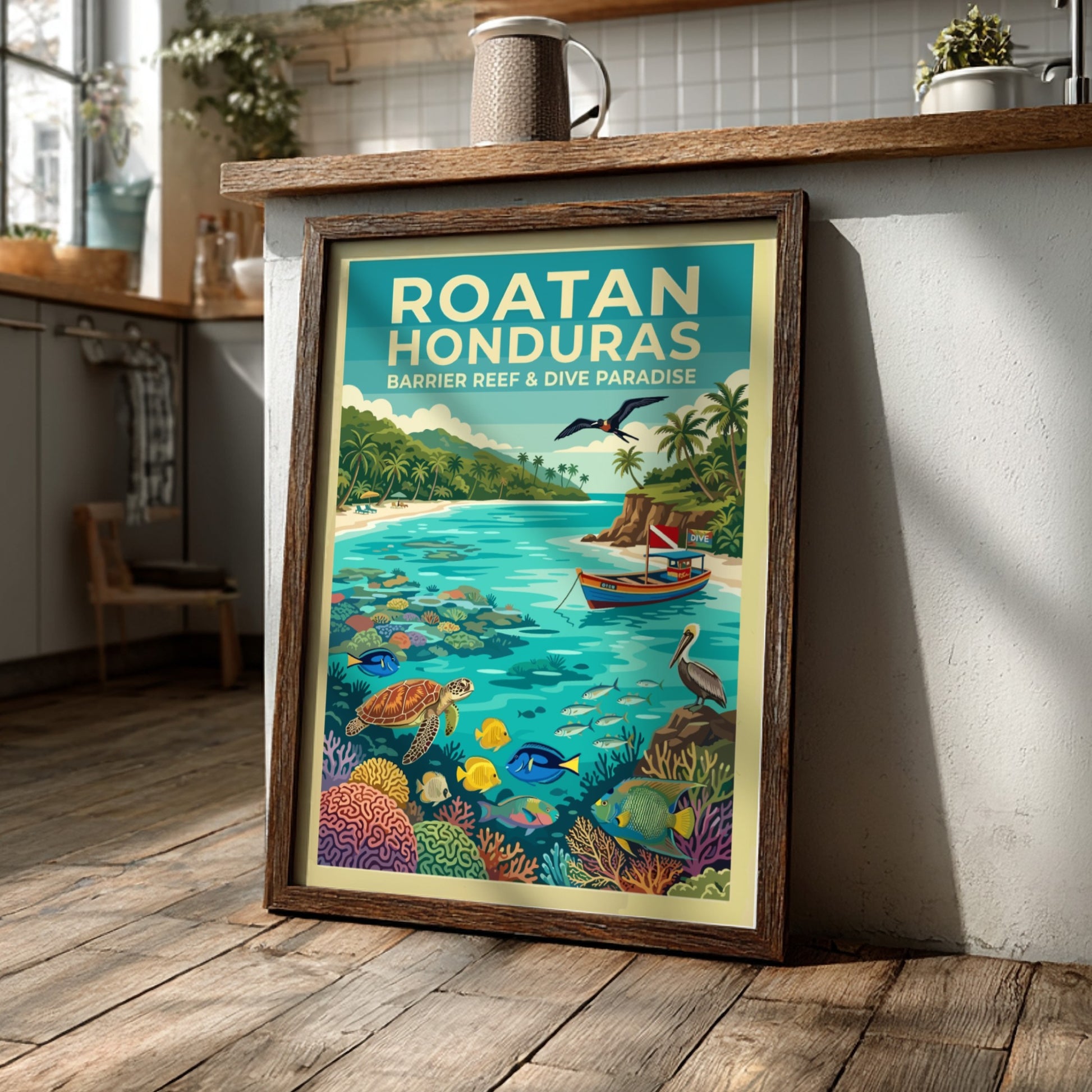Travel poster of Roatan Honduras showing a tropical beach with sea turtles and coral.